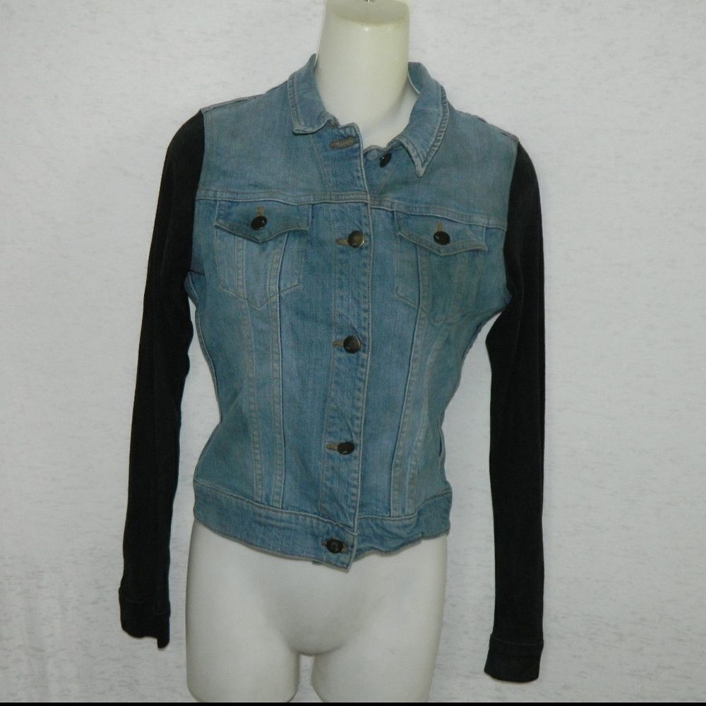 J Brand Jacket Blue Denim Jean Suede Black Sleeves‎